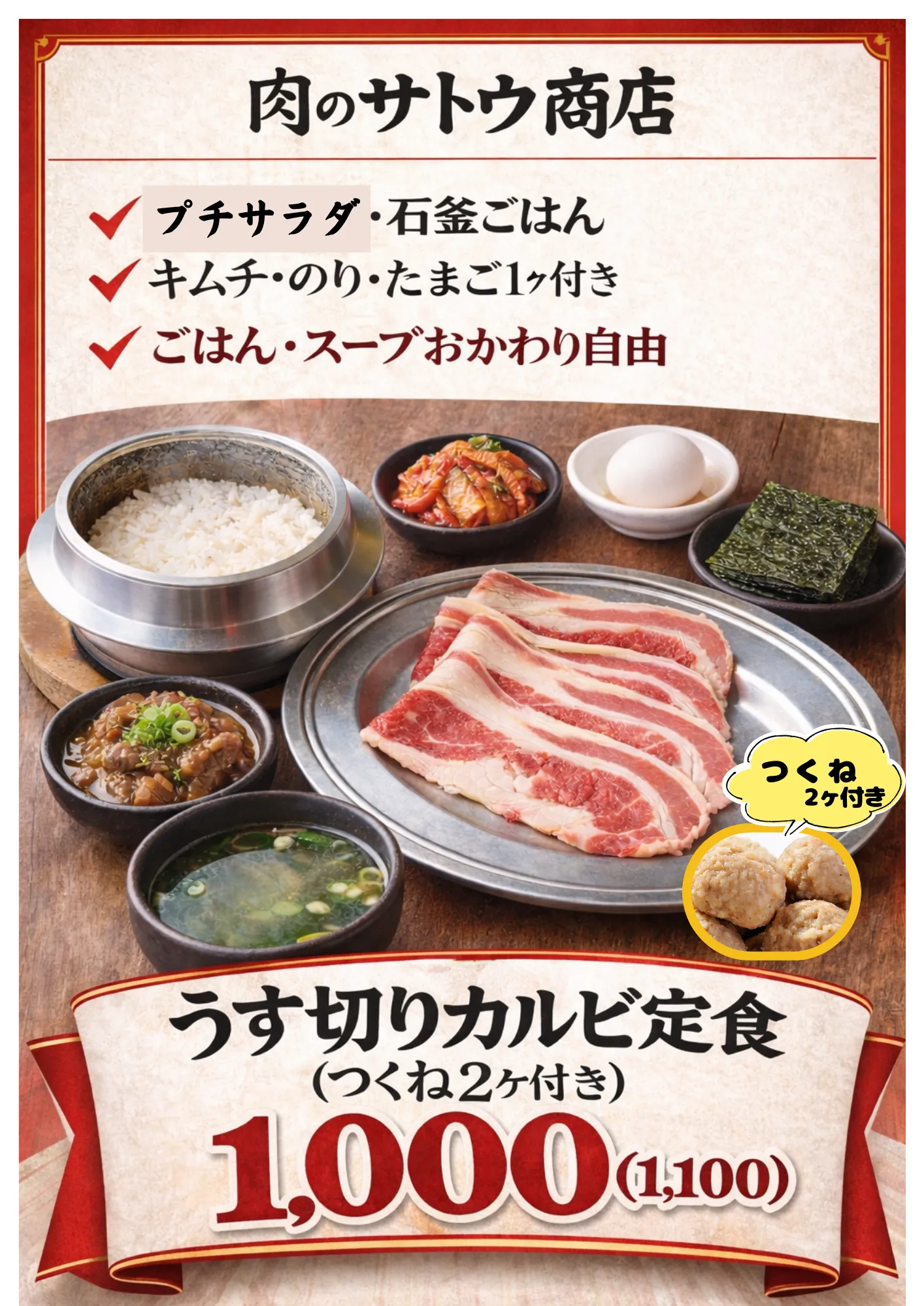 肉のサトウ商店 平日ランチメニュー「うす切りカルビ定食」