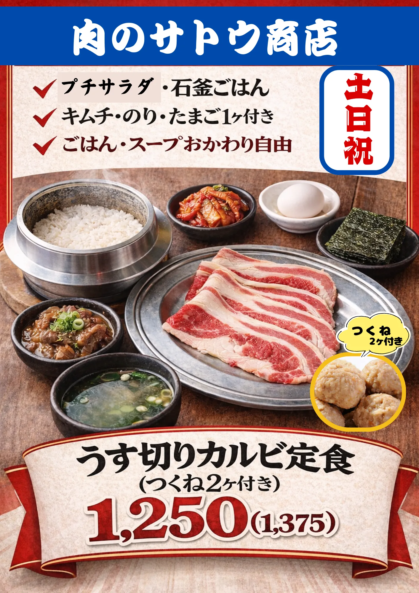 肉のサトウ商店 土日祝ランチメニュー「うす切りカルビ定食」